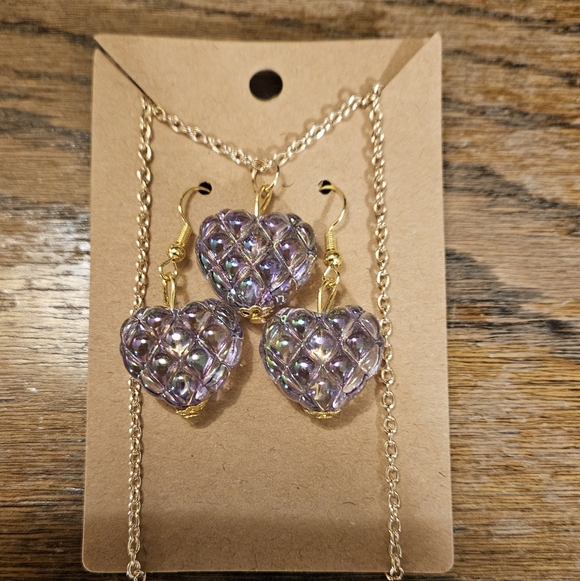 Handmade Jewelry - Clear/Purple'ish Heart Gold Tone Necklace And Earring Set
